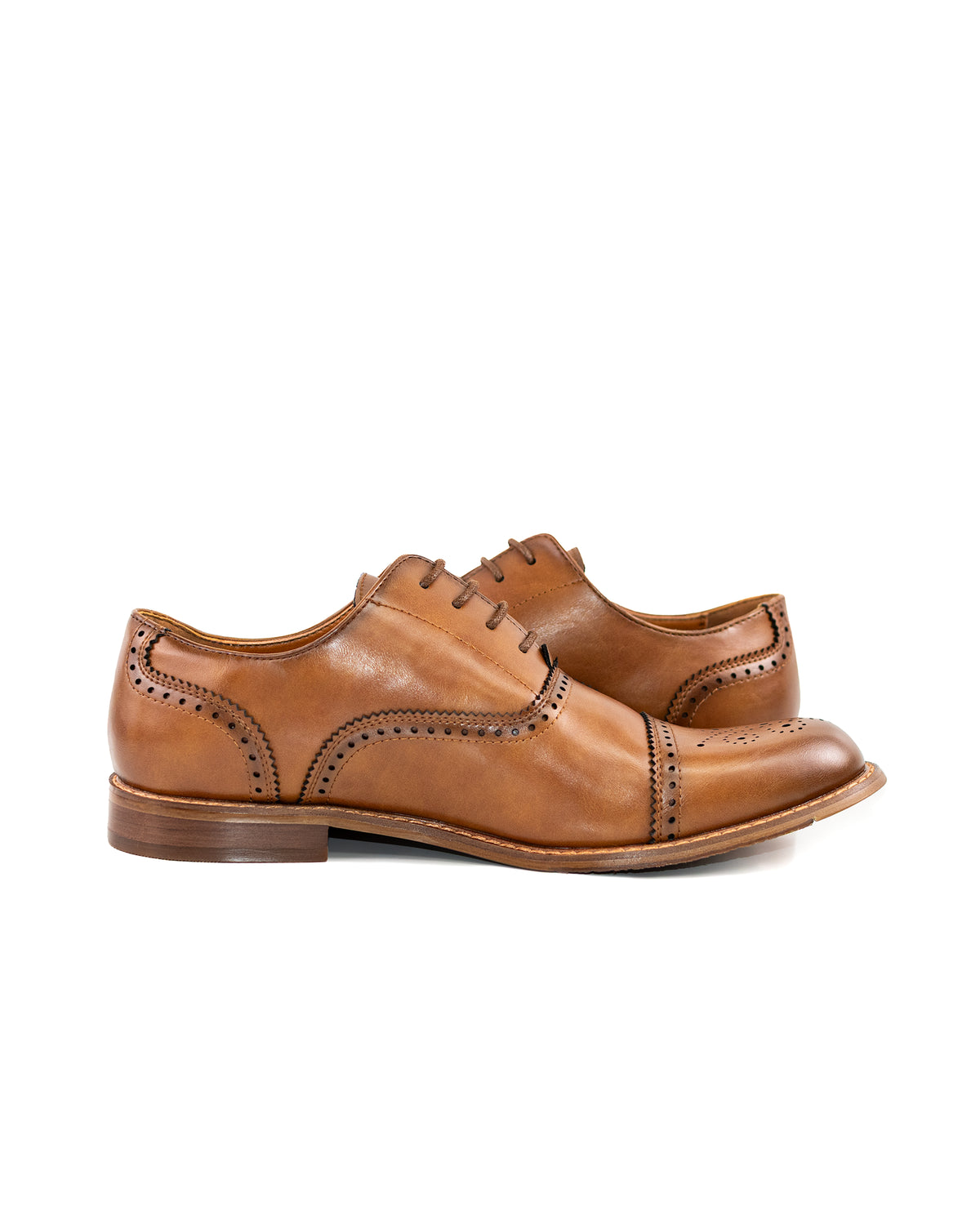 Dark Cognac Medallion Cap-Toe Oxford Shoes | Outside View | Dolce Vesta