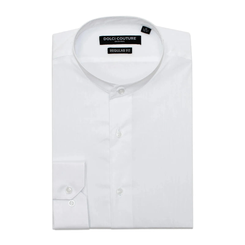 White Stretch Regular-Fit No-Collar Dress Shirt