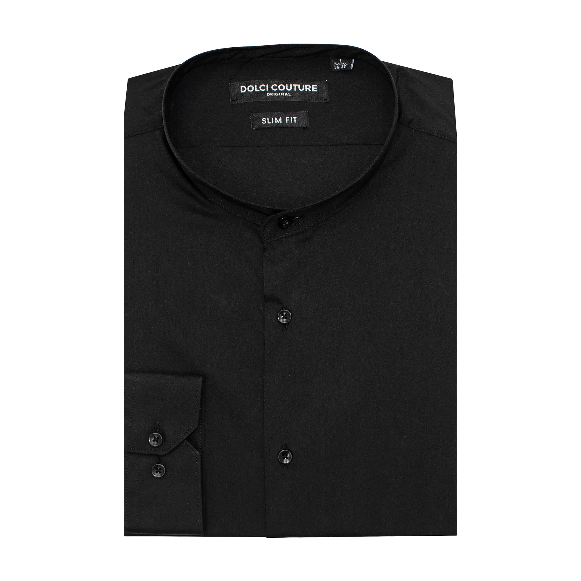 Black Stretch Slim-Fit No-Collar Dress Shirt