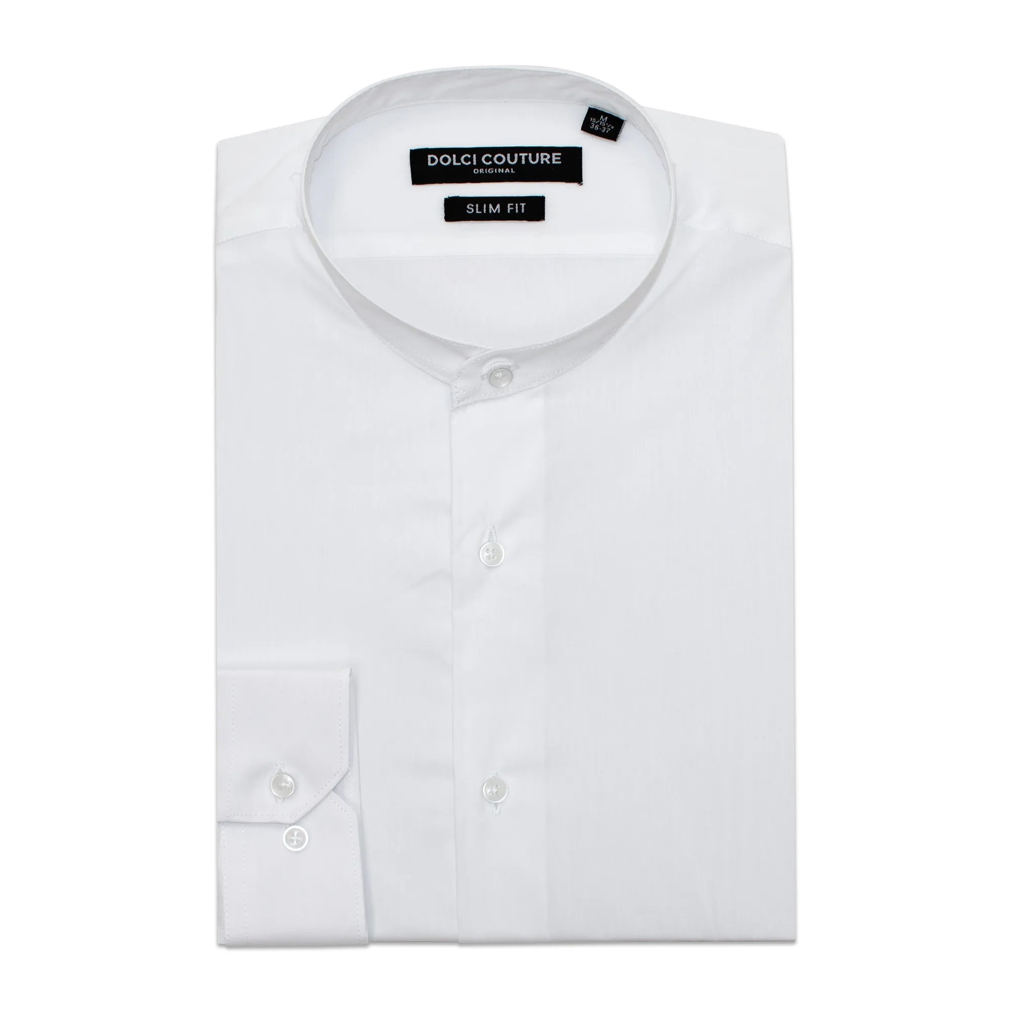 White Stretch Slim-Fit No-Collar Dress Shirt