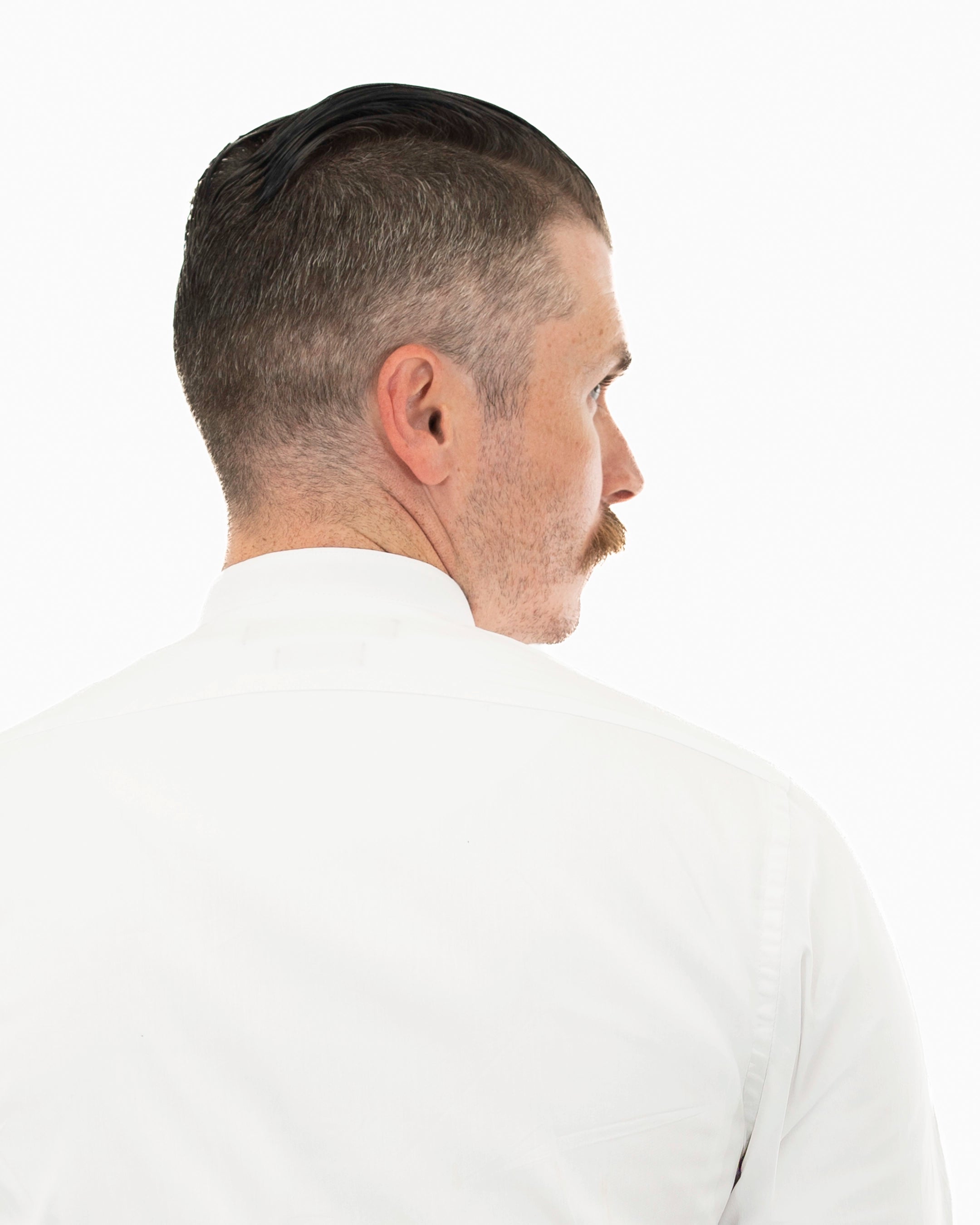 White Stretch Slim-Fit No-Collar Dress Shirt | Back View | Dolce Vesta
