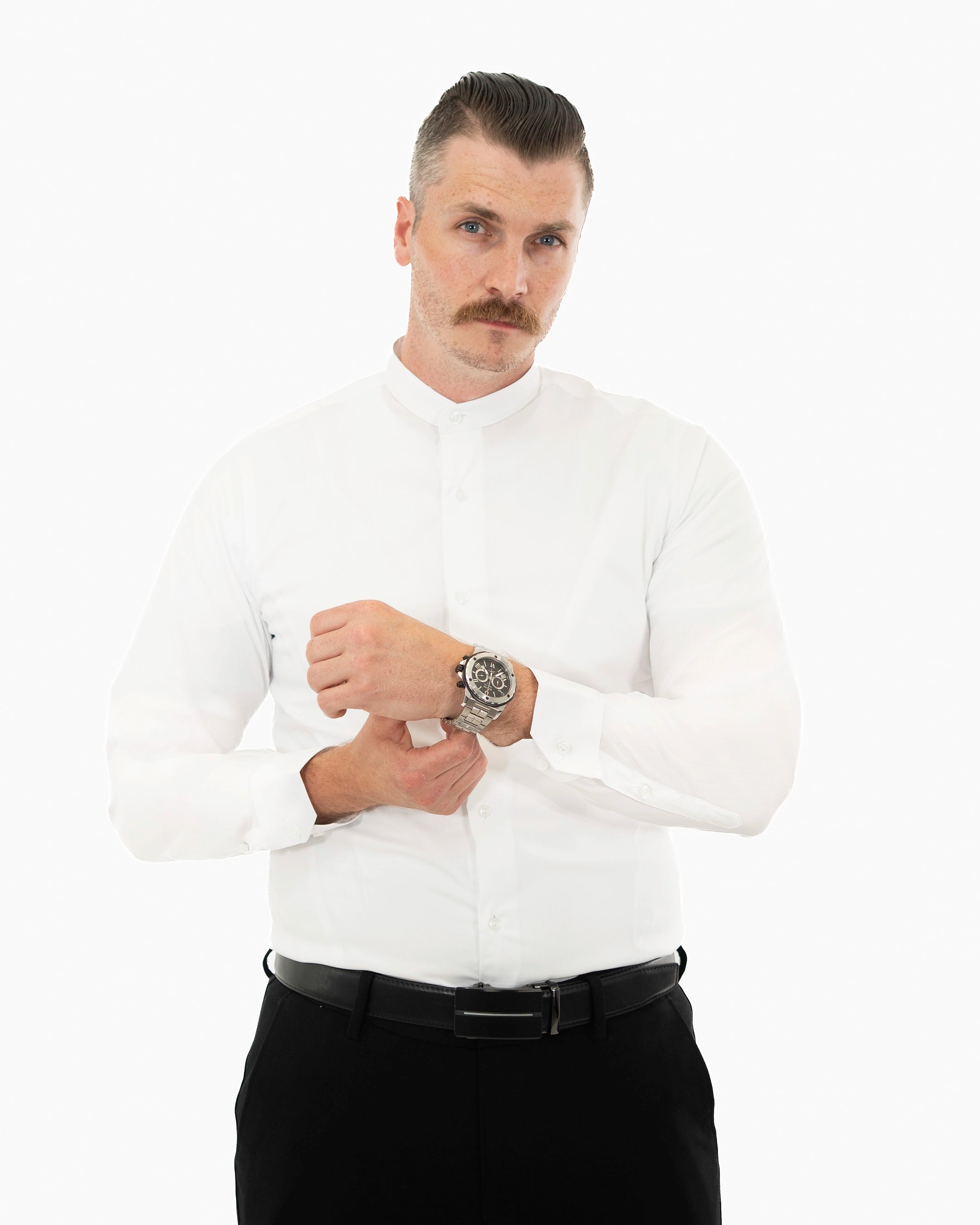 White Stretch Slim-Fit No-Collar Dress Shirt | Front View | Dolce Vesta 