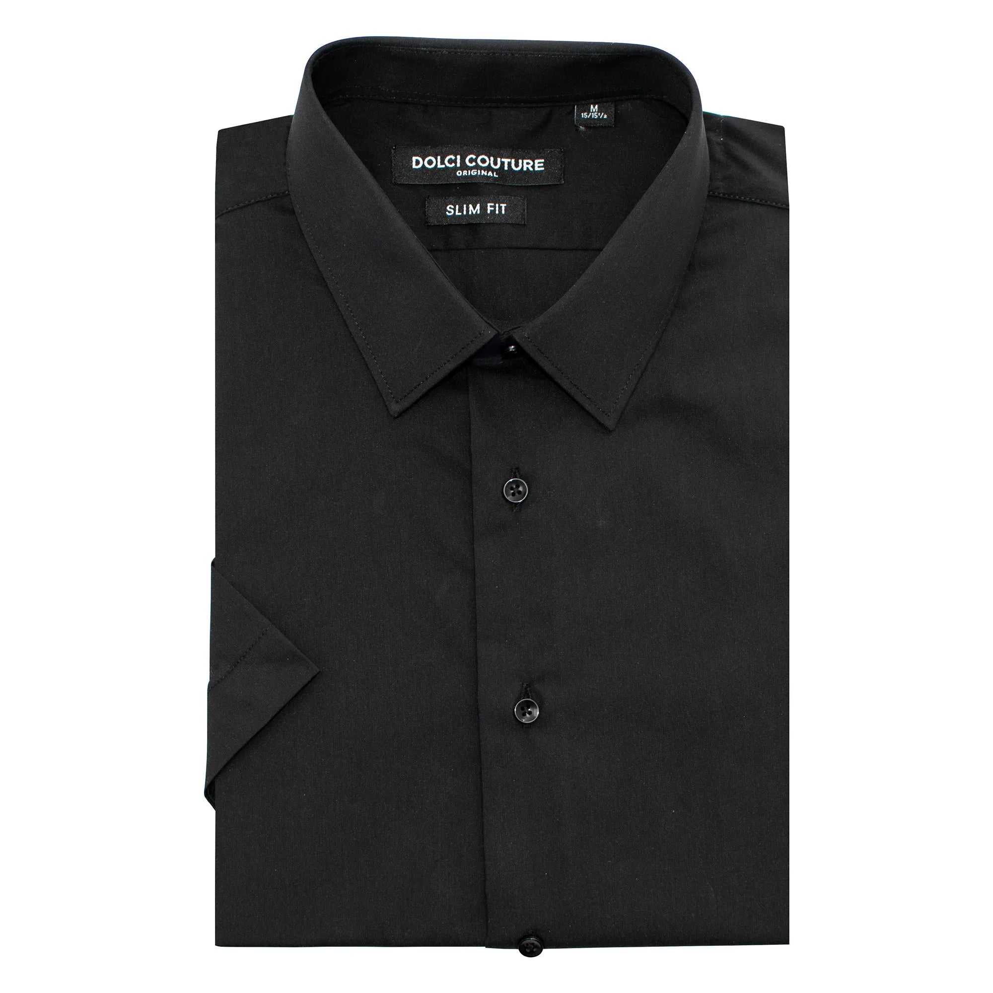 Black Stretch Slim-Fit Shortsleeve Dress Shirt