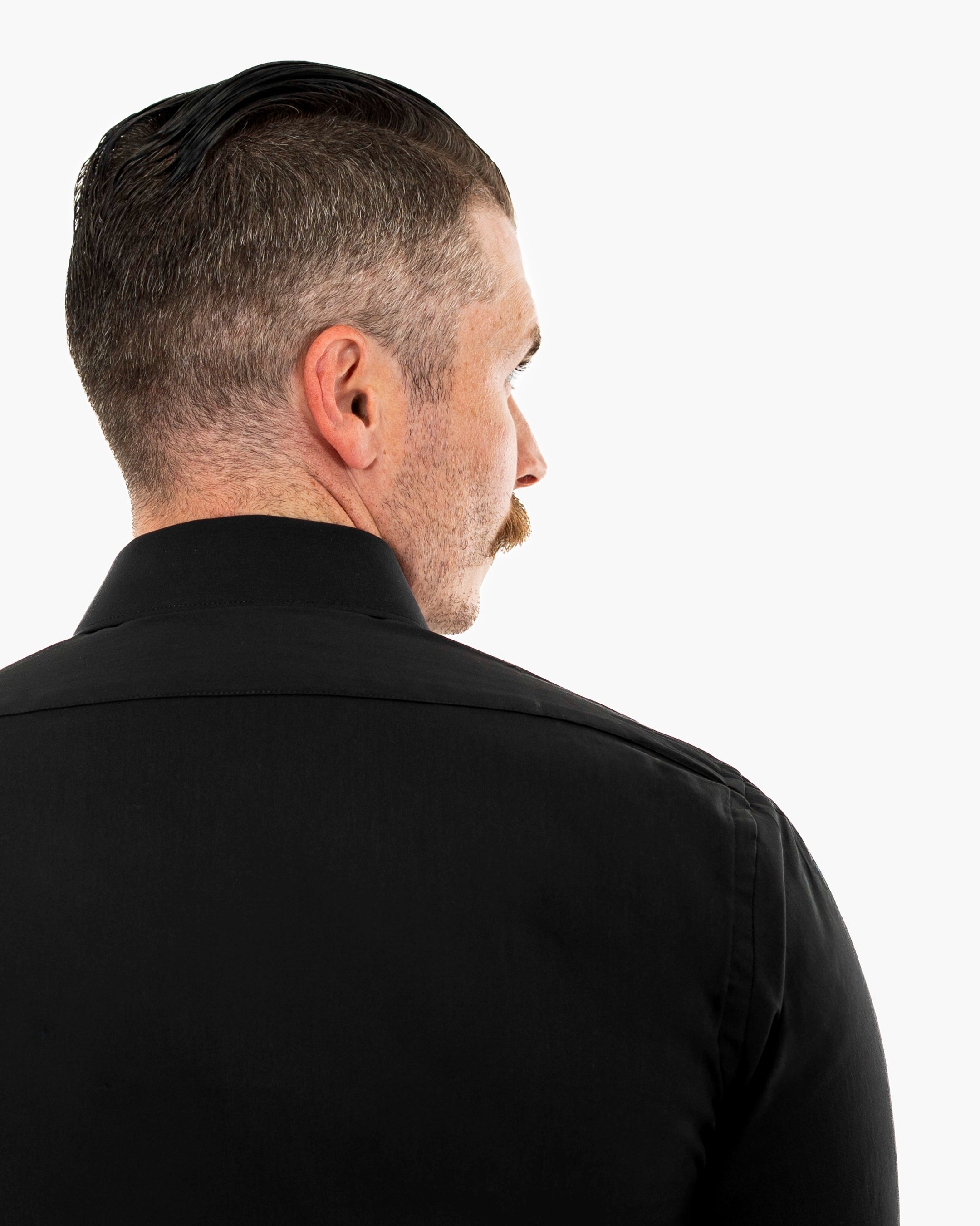 Black Stretch Slim-Fit Short Sleeve Dress Shirt | Back Shoulder view | Dolce Vesta
