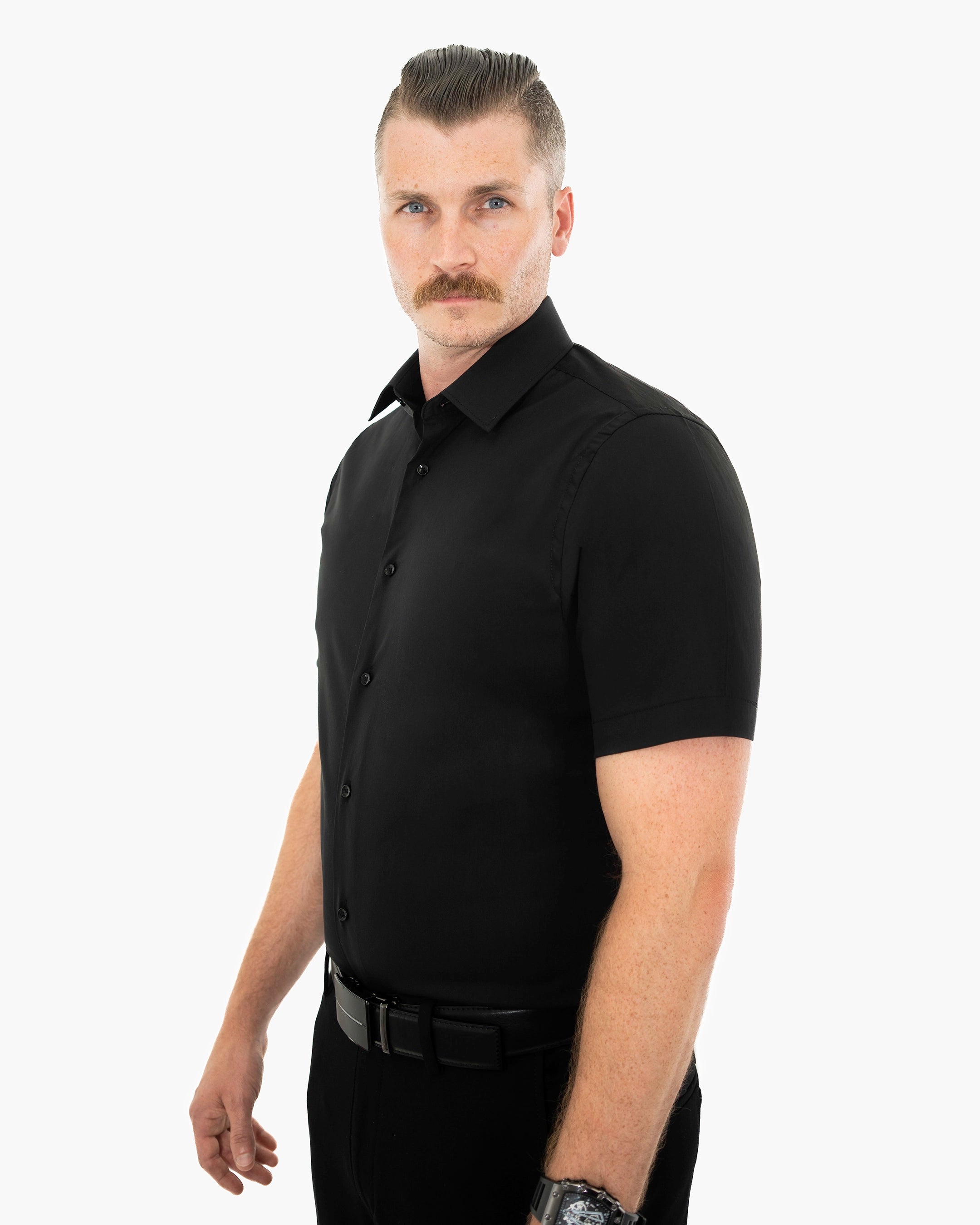 Black Stretch Slim-Fit Short Sleeve Dress Shirt | Front view | Dolce Vesta 