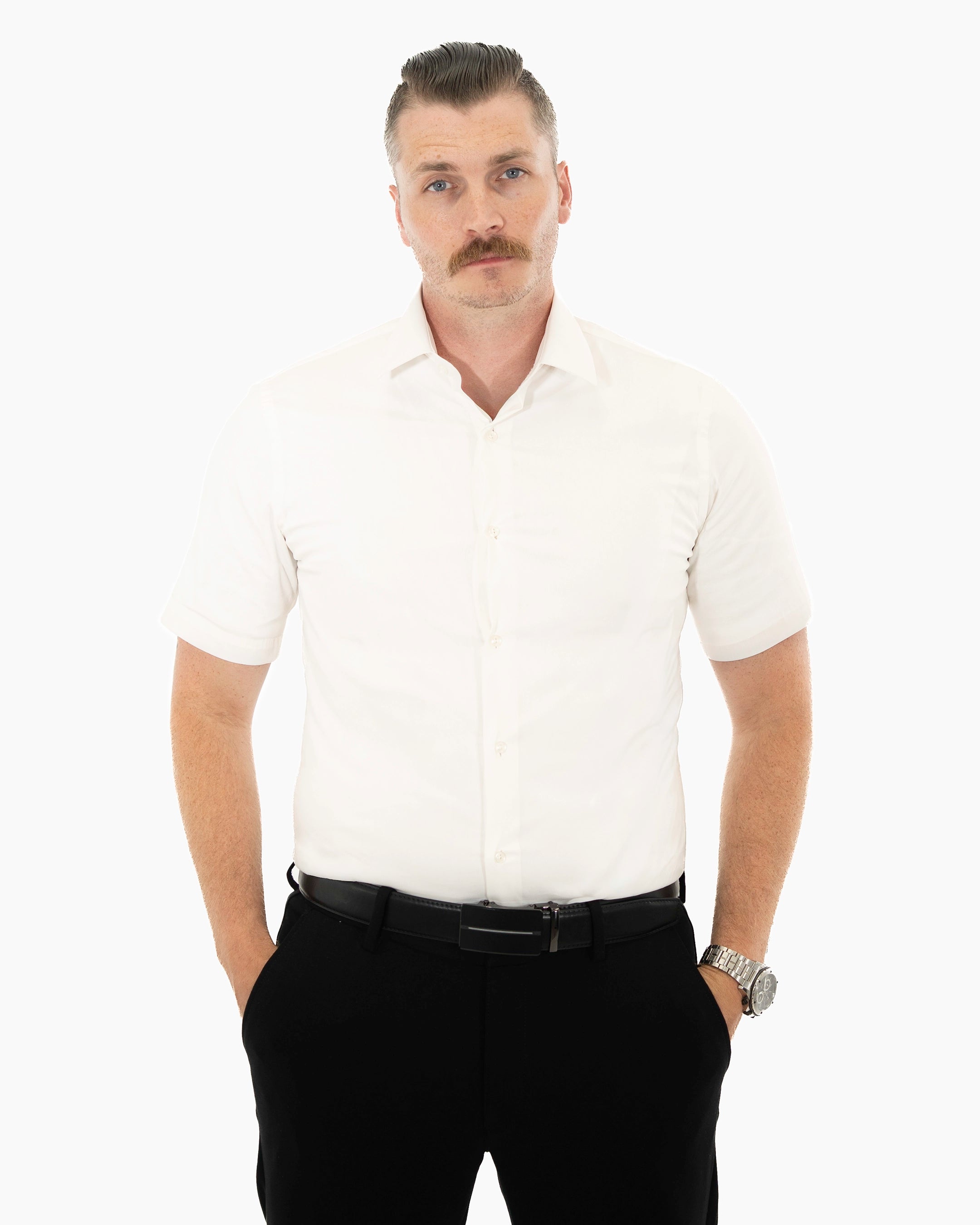 Off-White Stretch Slim-Fit Short Sleeve Dress Shirt | Front view | Dolce Vesta