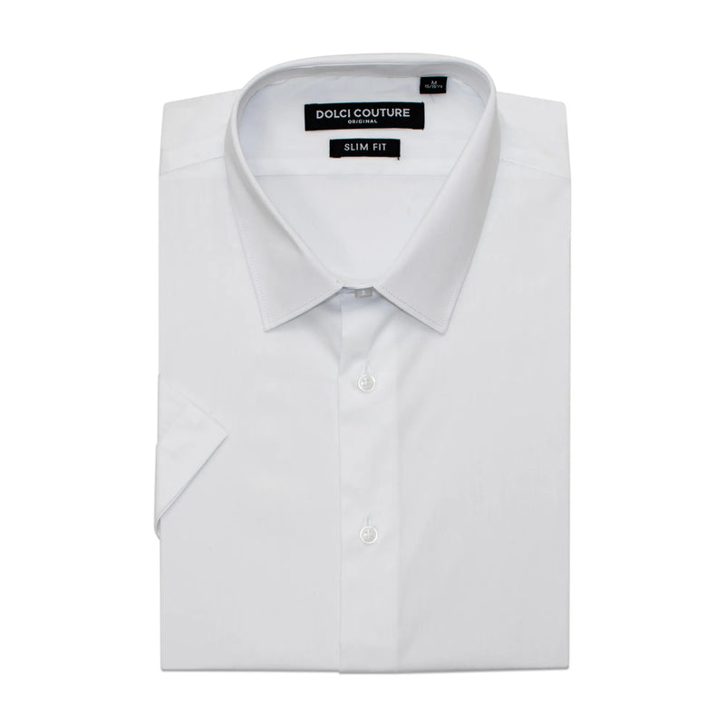 White Stretch Slim-Fit Shortsleeve Dress Shirt