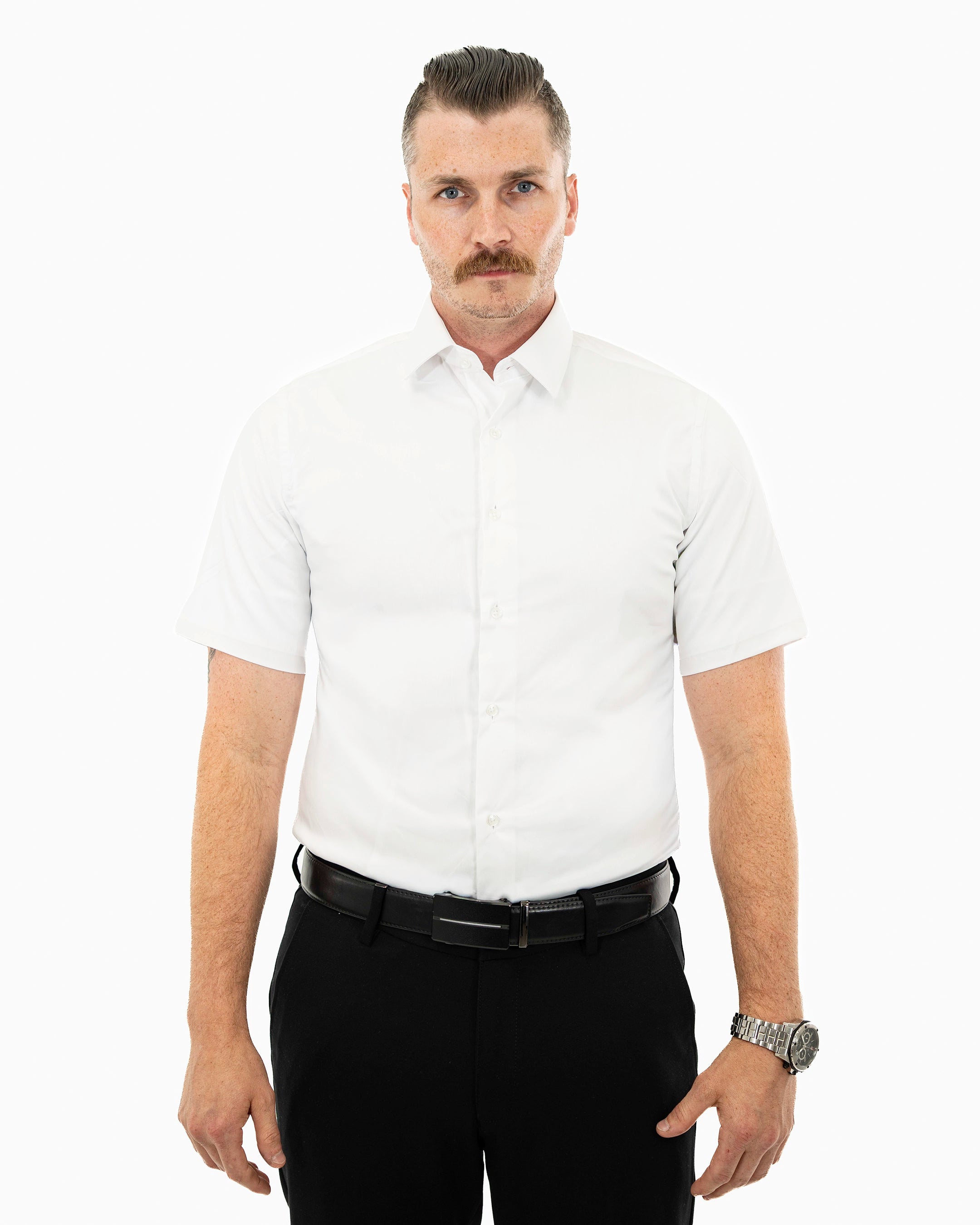 White Stretch Slim-Fit Shortsleeve Dress Shirt