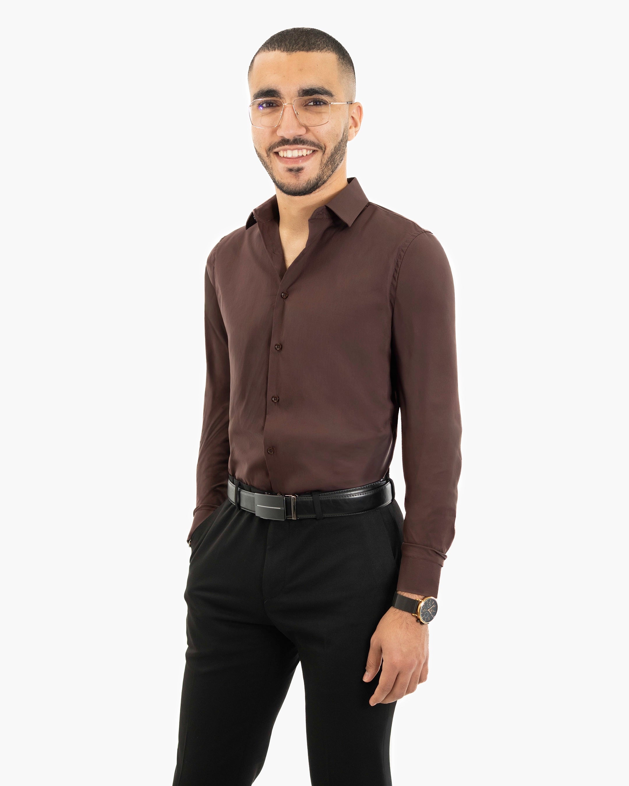Brown Stretch Slim-Fit Dress Shirt