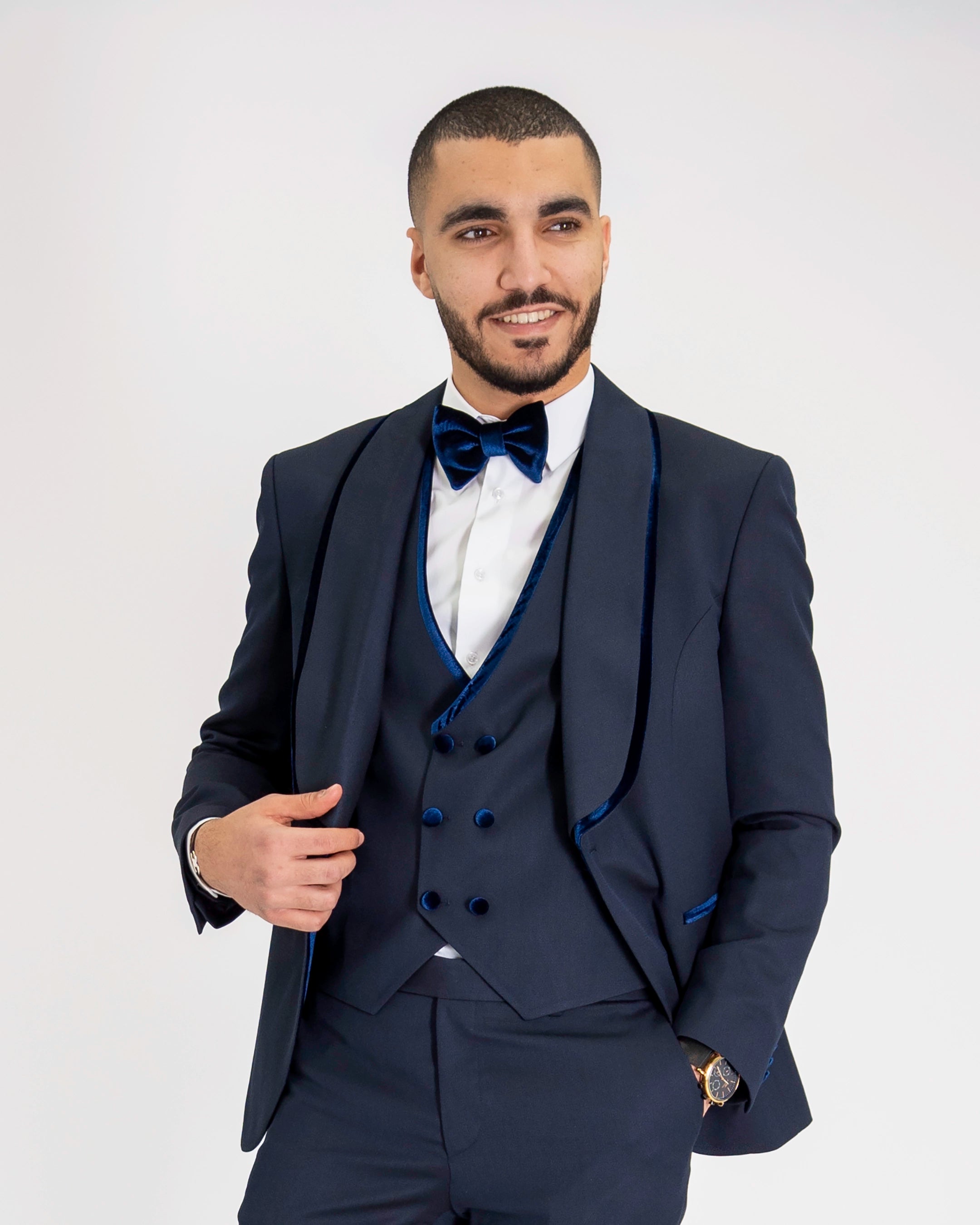 Navy Velvet Trim 3-Piece Tailored-Fit Tuxedo