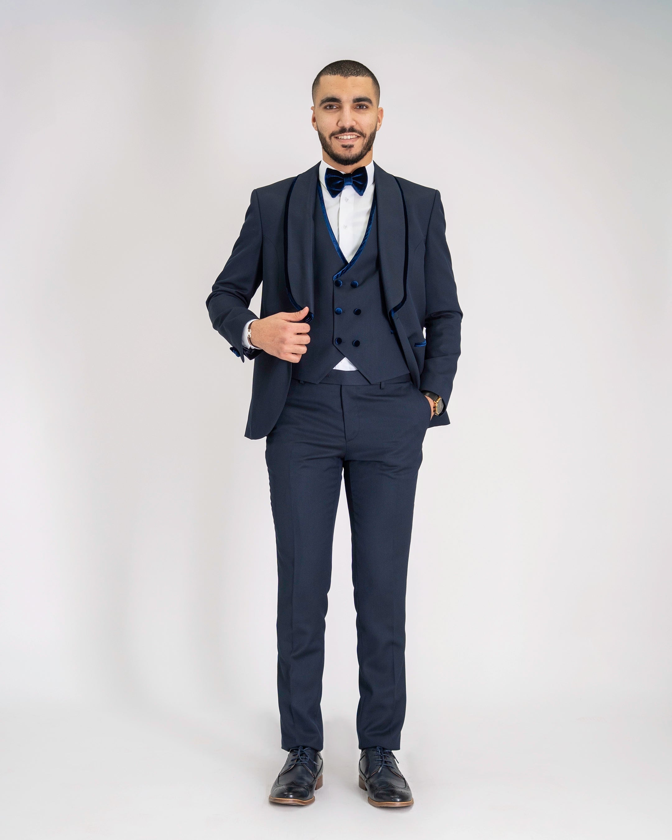 Navy Velvet Trim 3-Piece Tailored-Fit Tuxedo