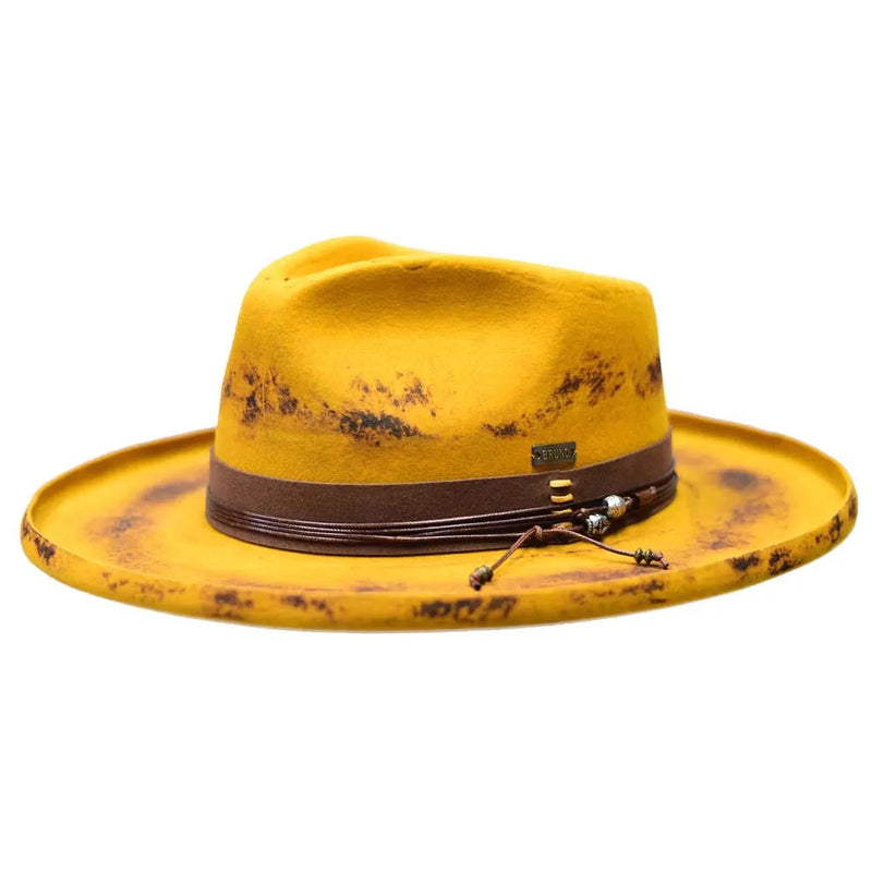 Wool Felt Distressed Fedora Hat Wide Pencil Curl Brim