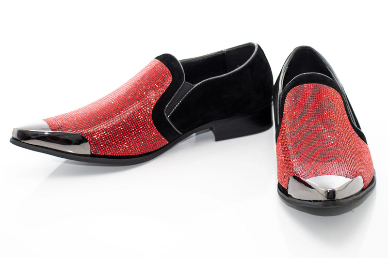 Black Velvet & Red Rhinestone Smoking Loafers With Metal Tip