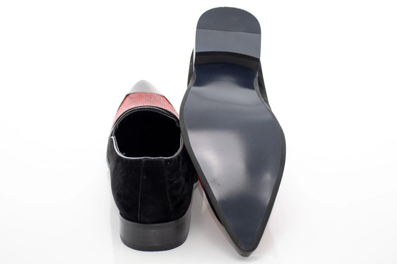 Black Velvet & Red Rhinestone Smoking Loafers With Metal Tip