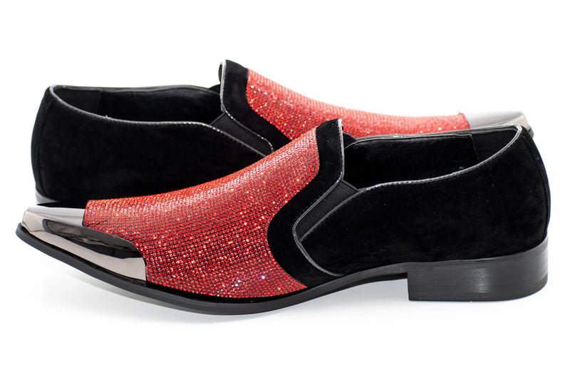 Black Velvet & Red Rhinestone Smoking Loafers With Metal Tip