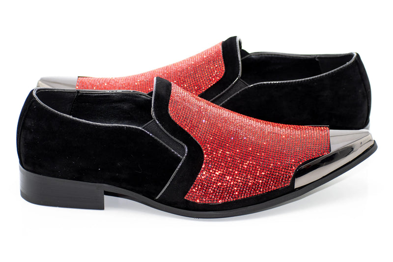 Black Velvet & Red Rhinestone Smoking Loafers With Metal Tip