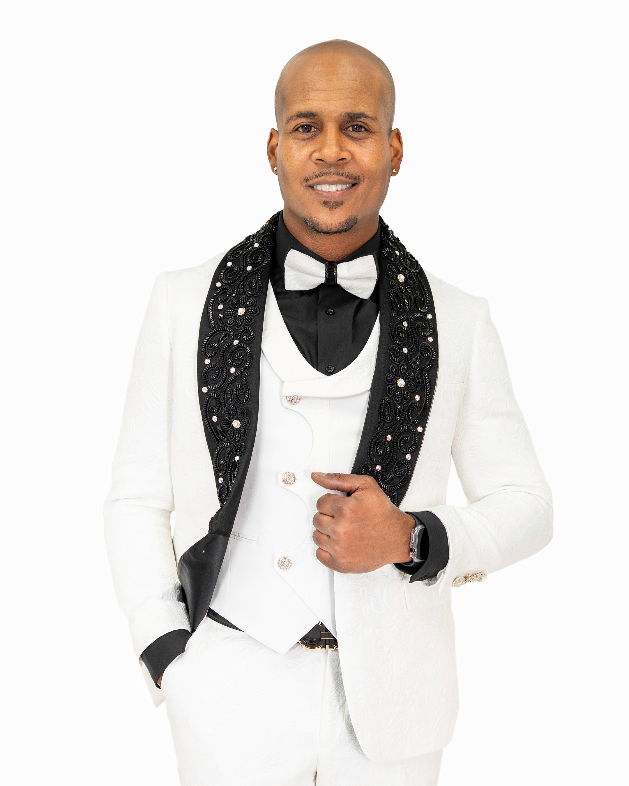 White Damask 3-Piece Slim-Fit Tuxedo with Large Rhinestones