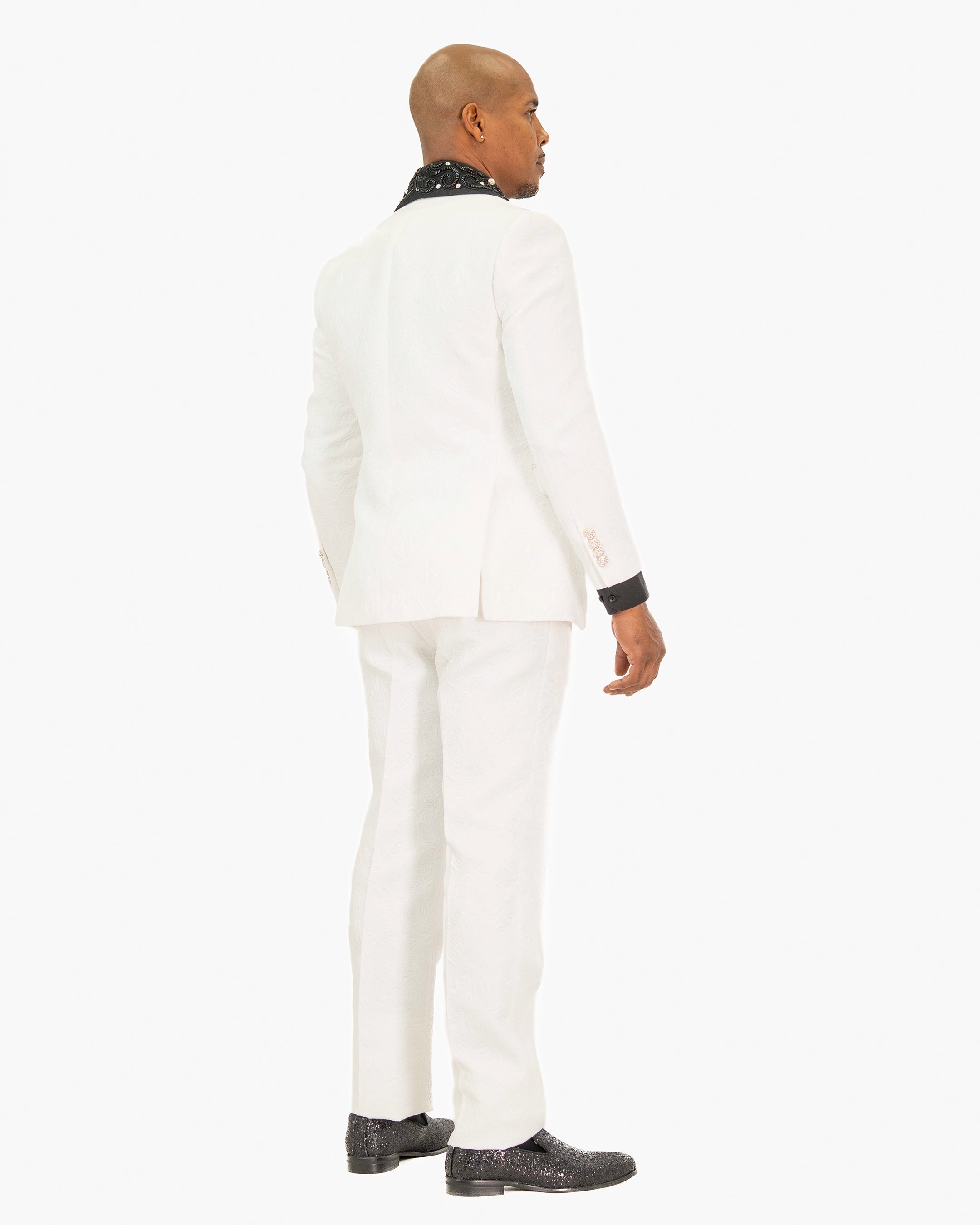 White Damask 3-Piece Slim-Fit Tuxedo with Large Rhinestones