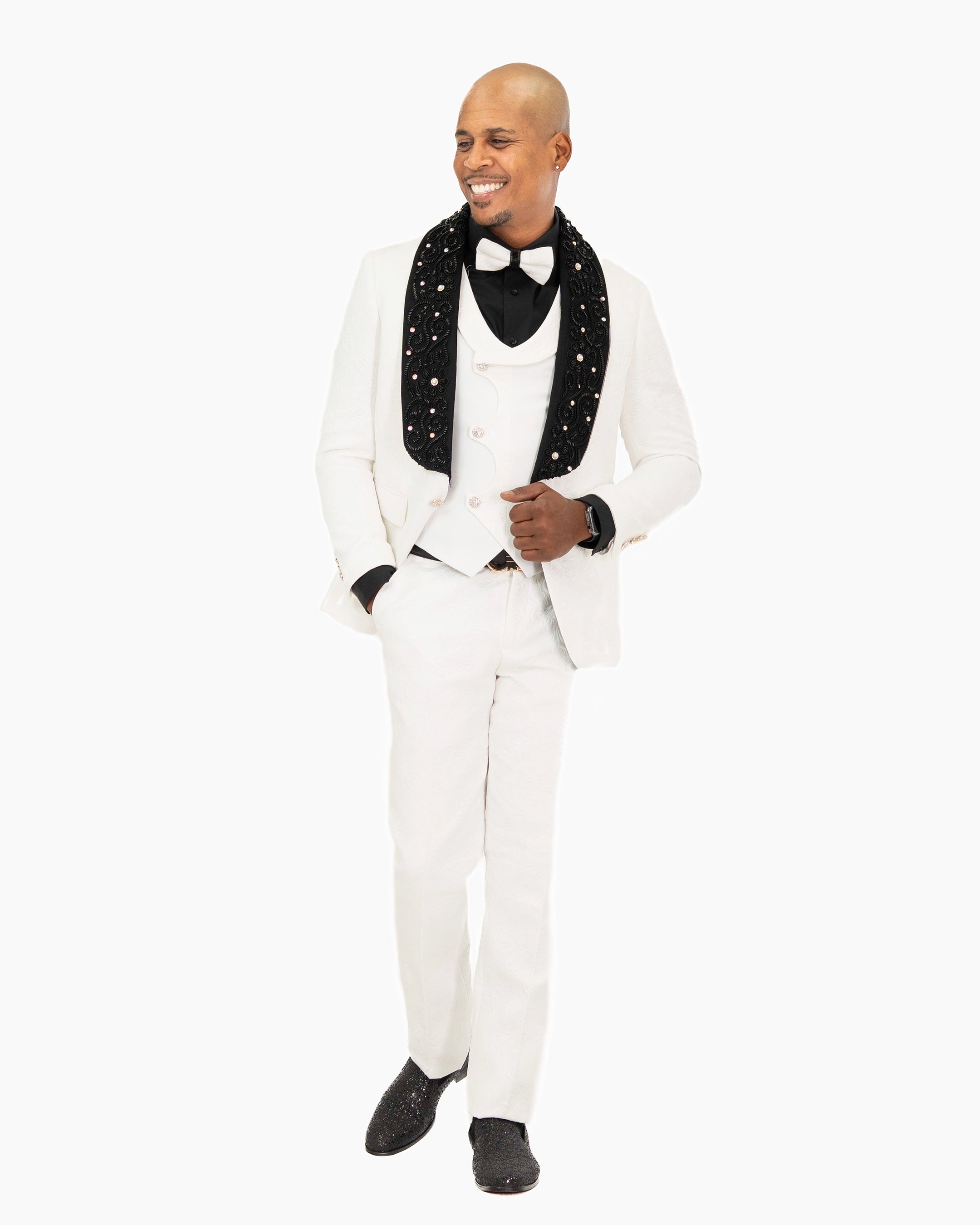 White Damask 3-Piece Slim-Fit Tuxedo with Large Rhinestones