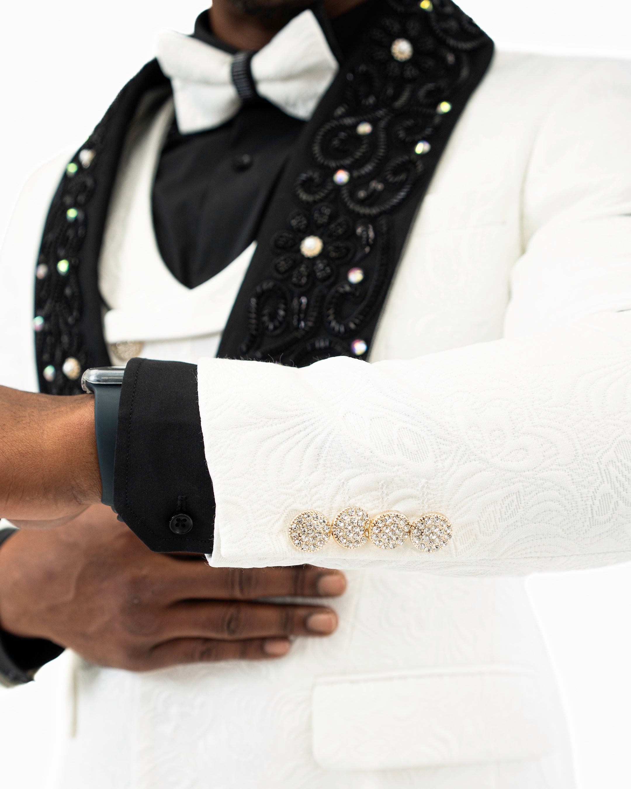White Damask 3-Piece Slim-Fit Tuxedo with Large Rhinestones
