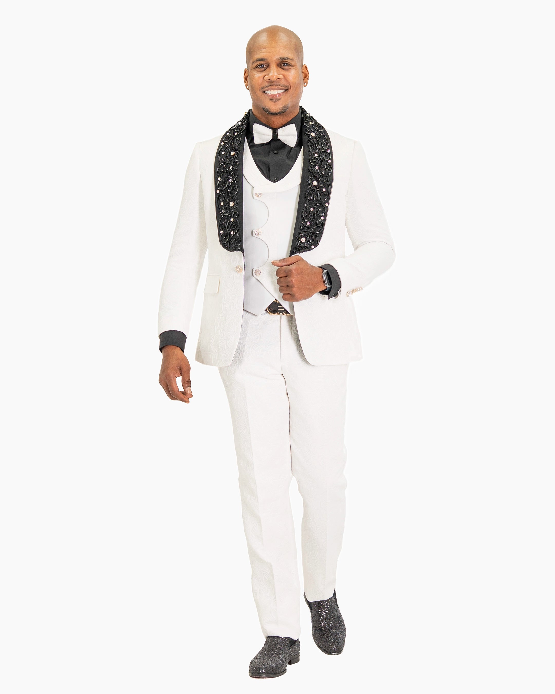 White Damask 3-Piece Slim-Fit Tuxedo with Large Rhinestones