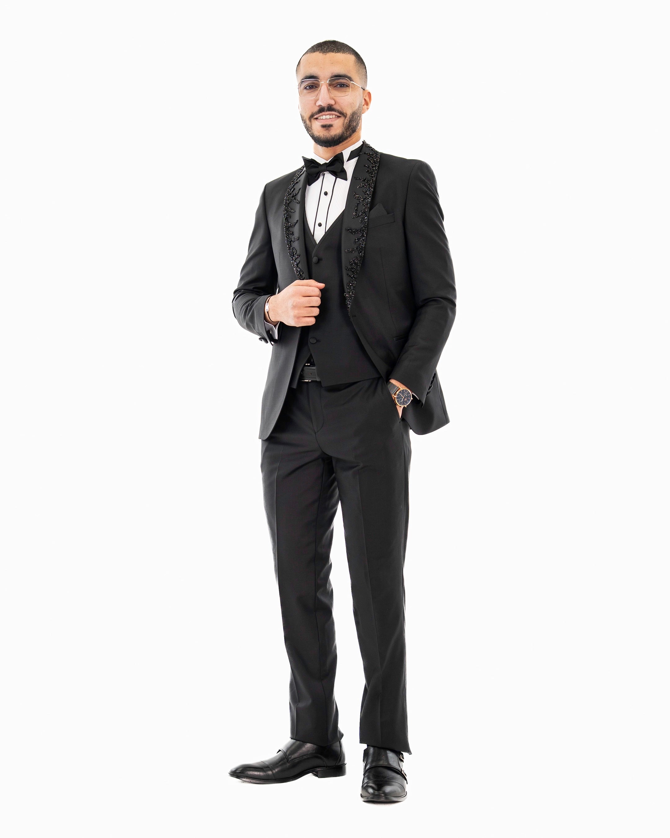Black Rhinestone Shawl 3-Piece Tailored-Fit Tuxedo