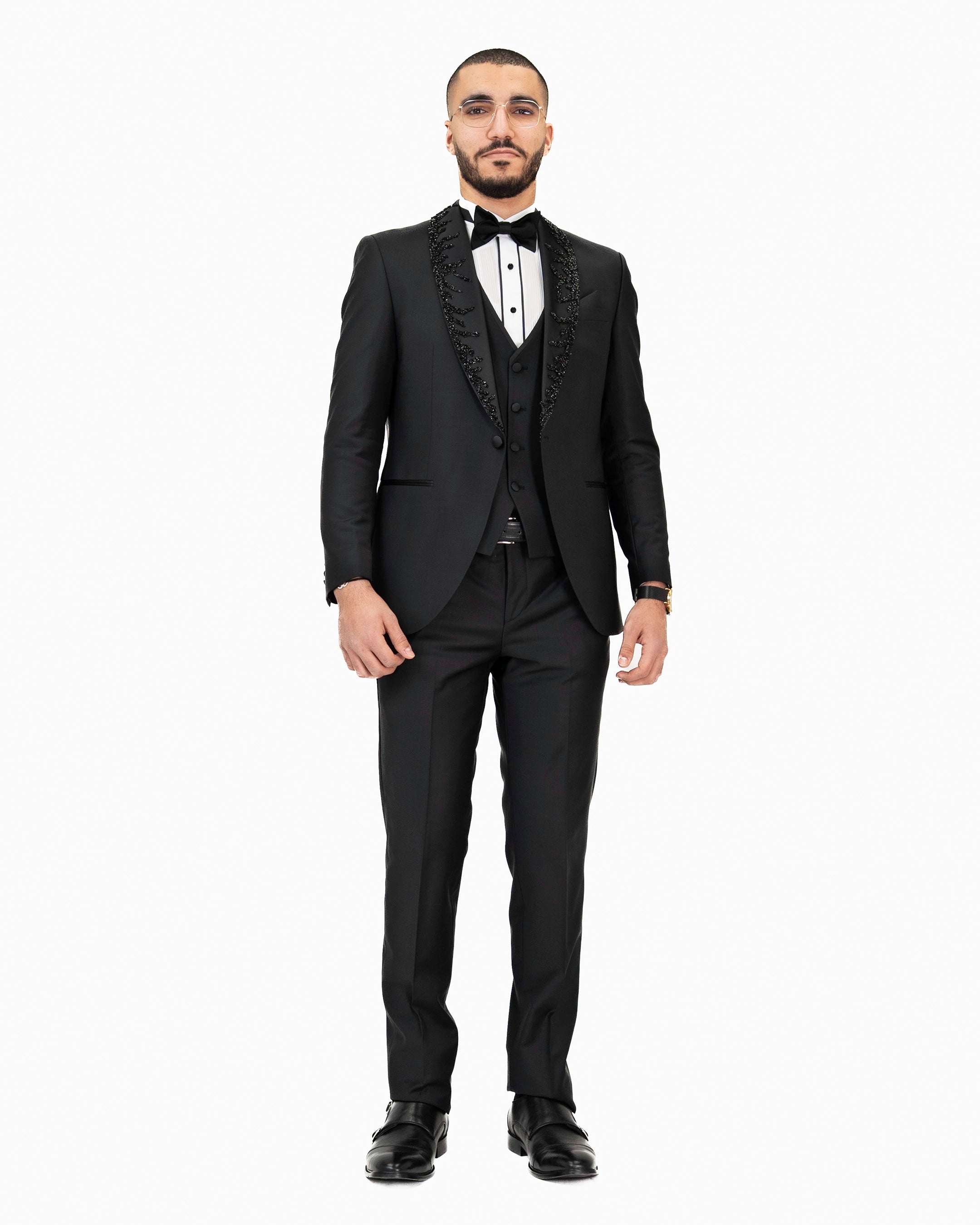 Black Rhinestone Shawl 3-Piece Tailored-Fit Tuxedo