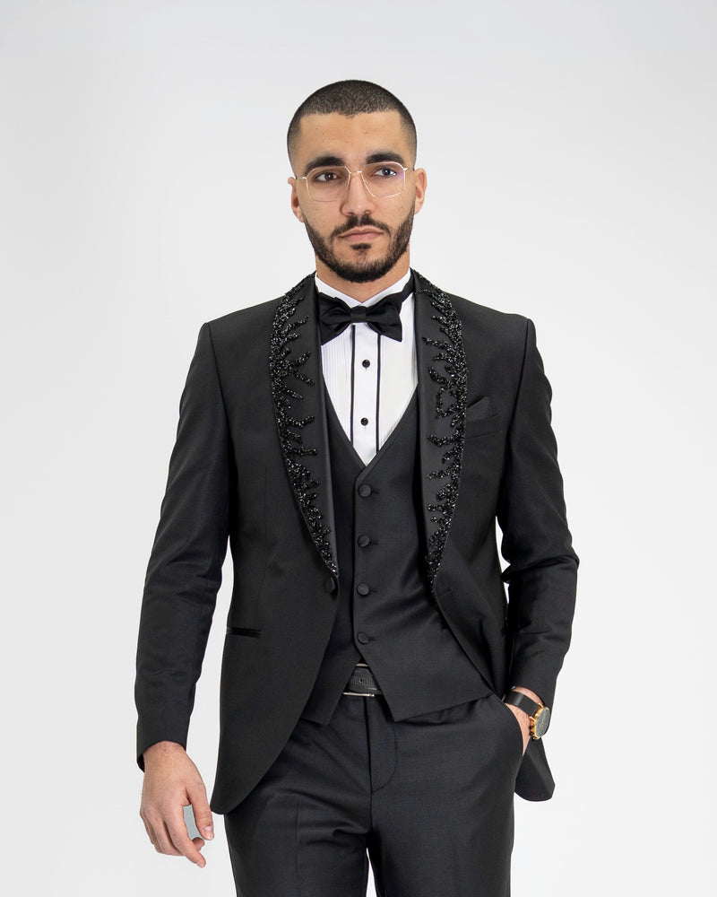Black Rhinestone Shawl 3-Piece Tailored-Fit Tuxedo