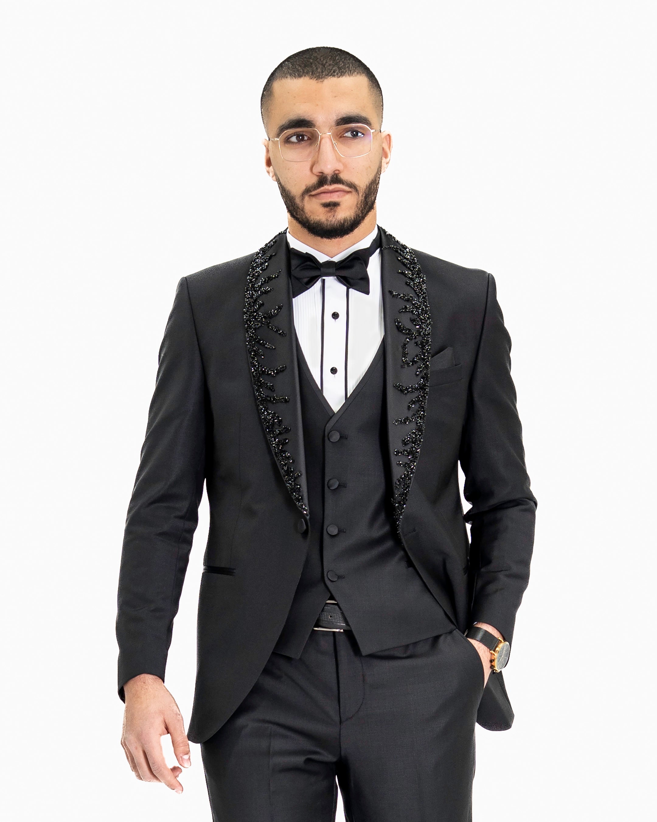 Black Rhinestone Shawl 3-Piece Tailored-Fit Tuxedo