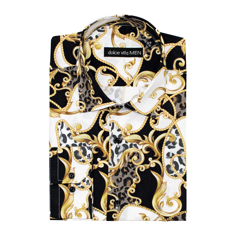 Black and White Rhinestone Filigree Slim-Fit Fashion Shirt