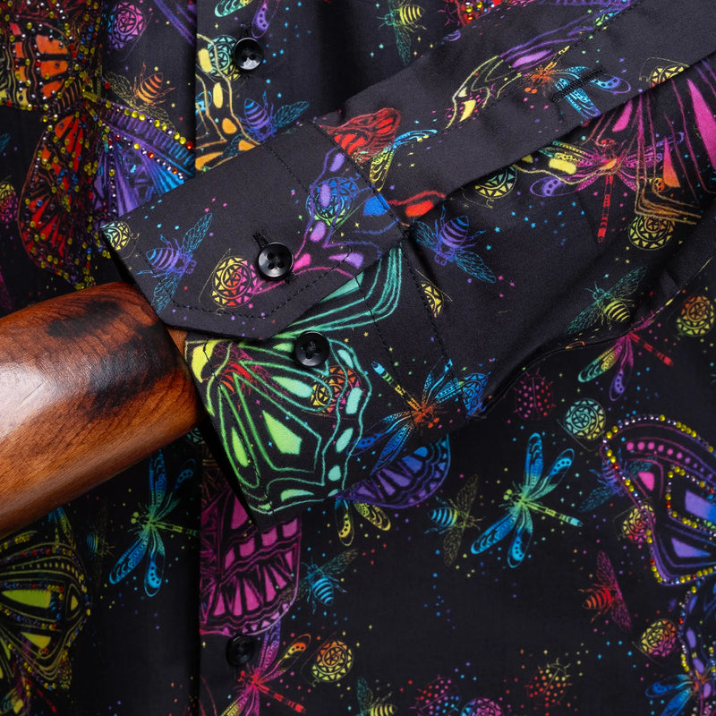 Multicolored Butterflies Black Slim-Fit Fashion Shirt