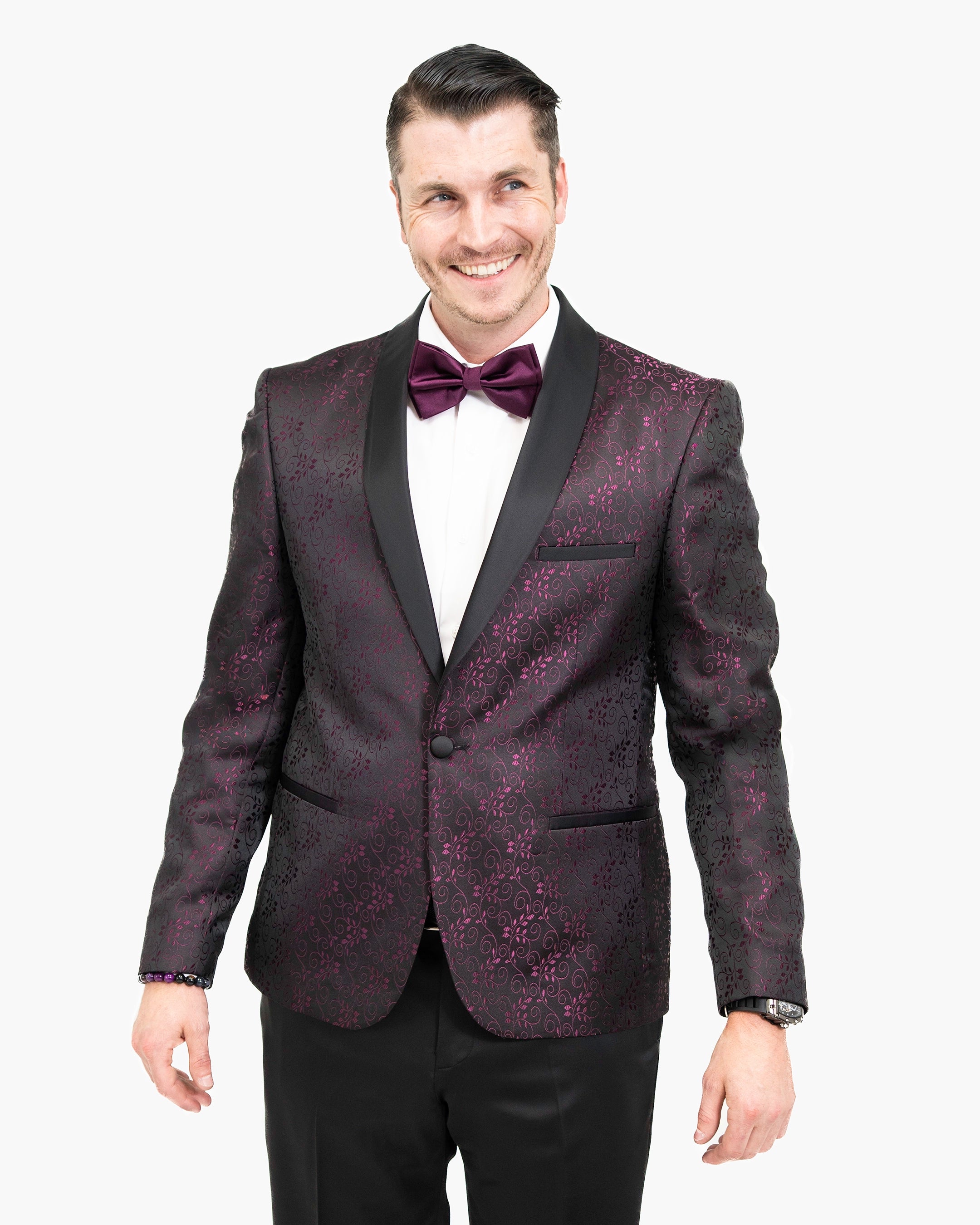 Plum Floral Scroll Patterned 2-Piece Slim-Fit Tuxedo