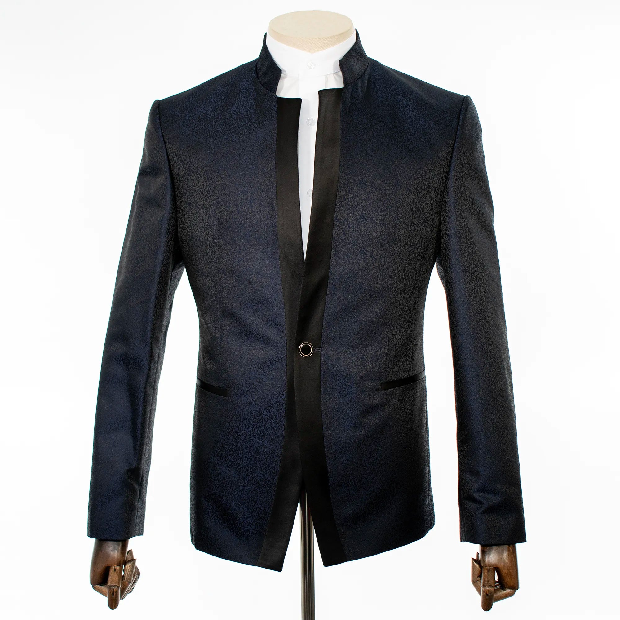 Navy Patterned 2-Piece Slim-Fit Tuxedo with Mandarin Collar
