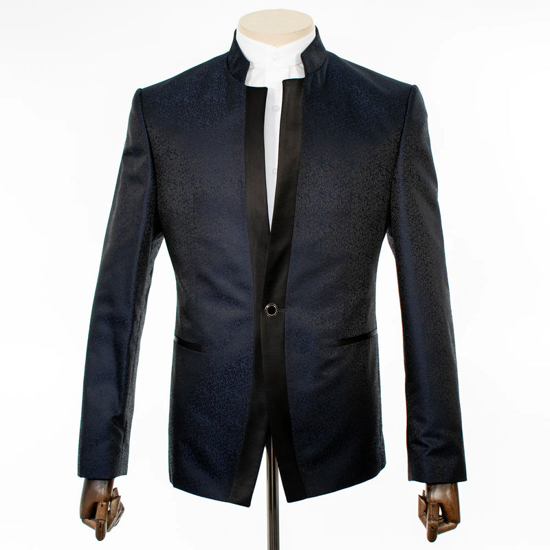 Navy Patterned 2-Piece Slim-Fit Tuxedo with Mandarin Collar