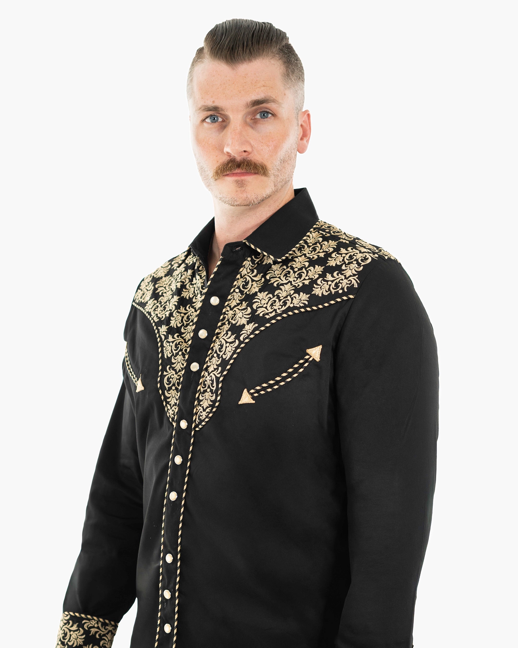 Black Beige Western Embroidered Long-Sleeve Shirt | Collar | Dolce Vesta 