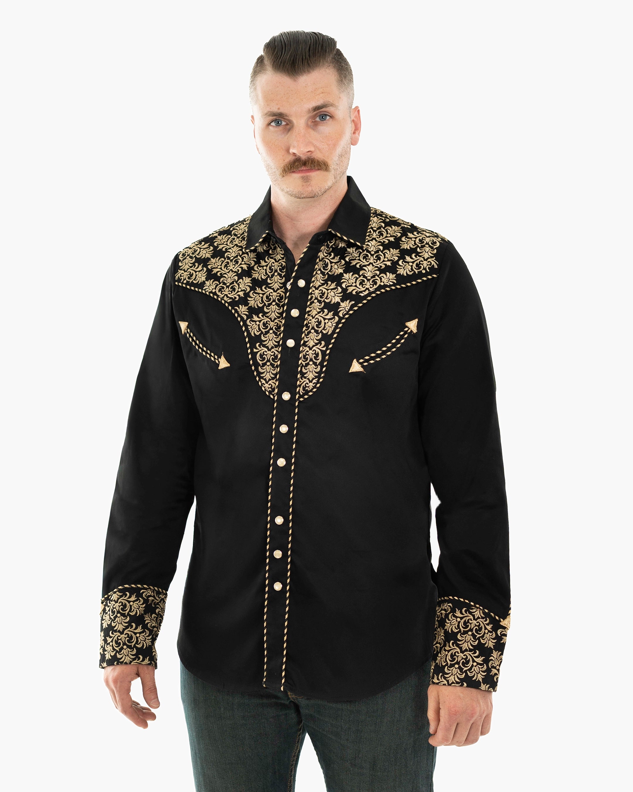 Black Beige Western Embroidered Long-Sleeve Shirt | Front | Dolce Vesta