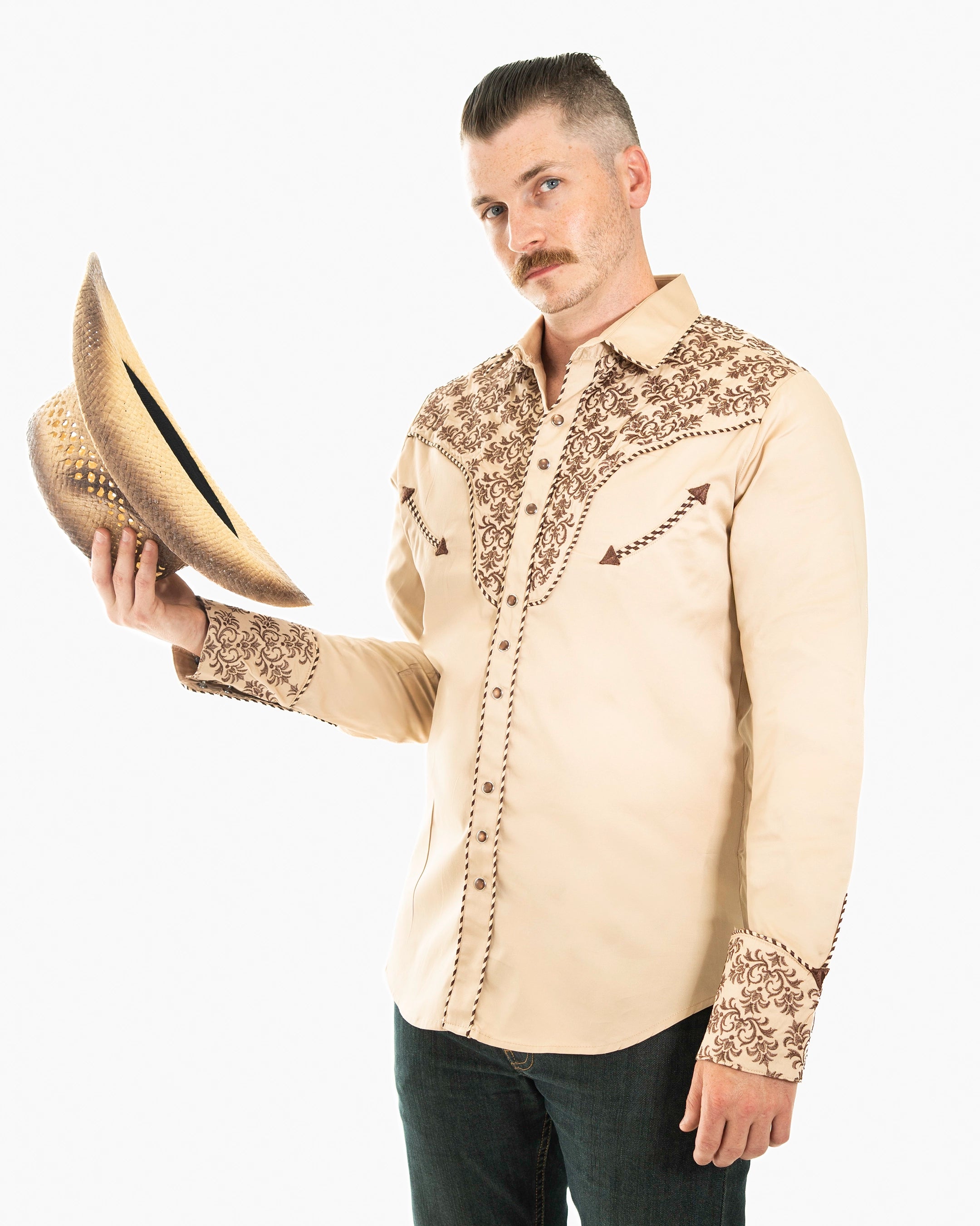 Khaki Western Embroidered Long-Sleeve Shirt | Casual | Dolce Vesta