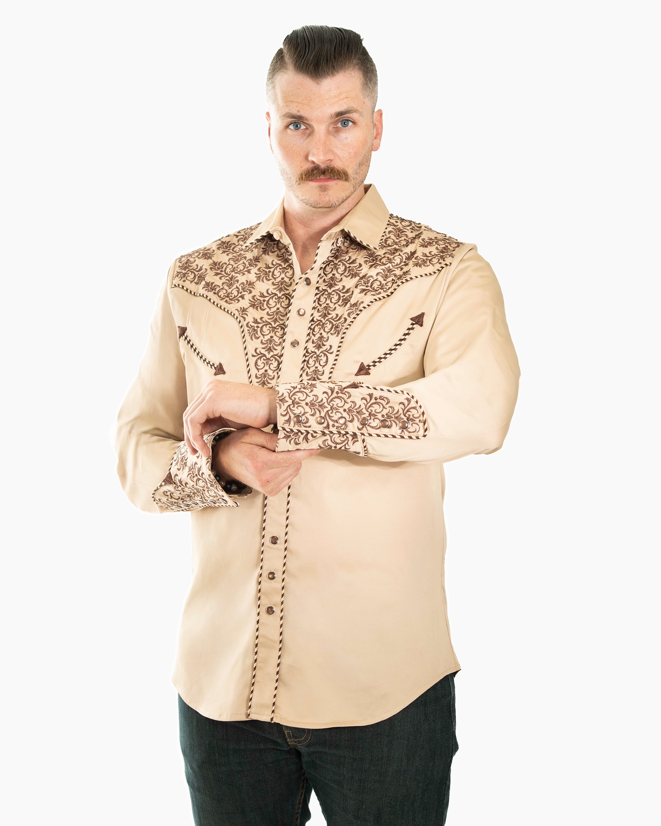 Khaki Western Embroidered Long-Sleeve Shirt | Front | Dolce Vesta