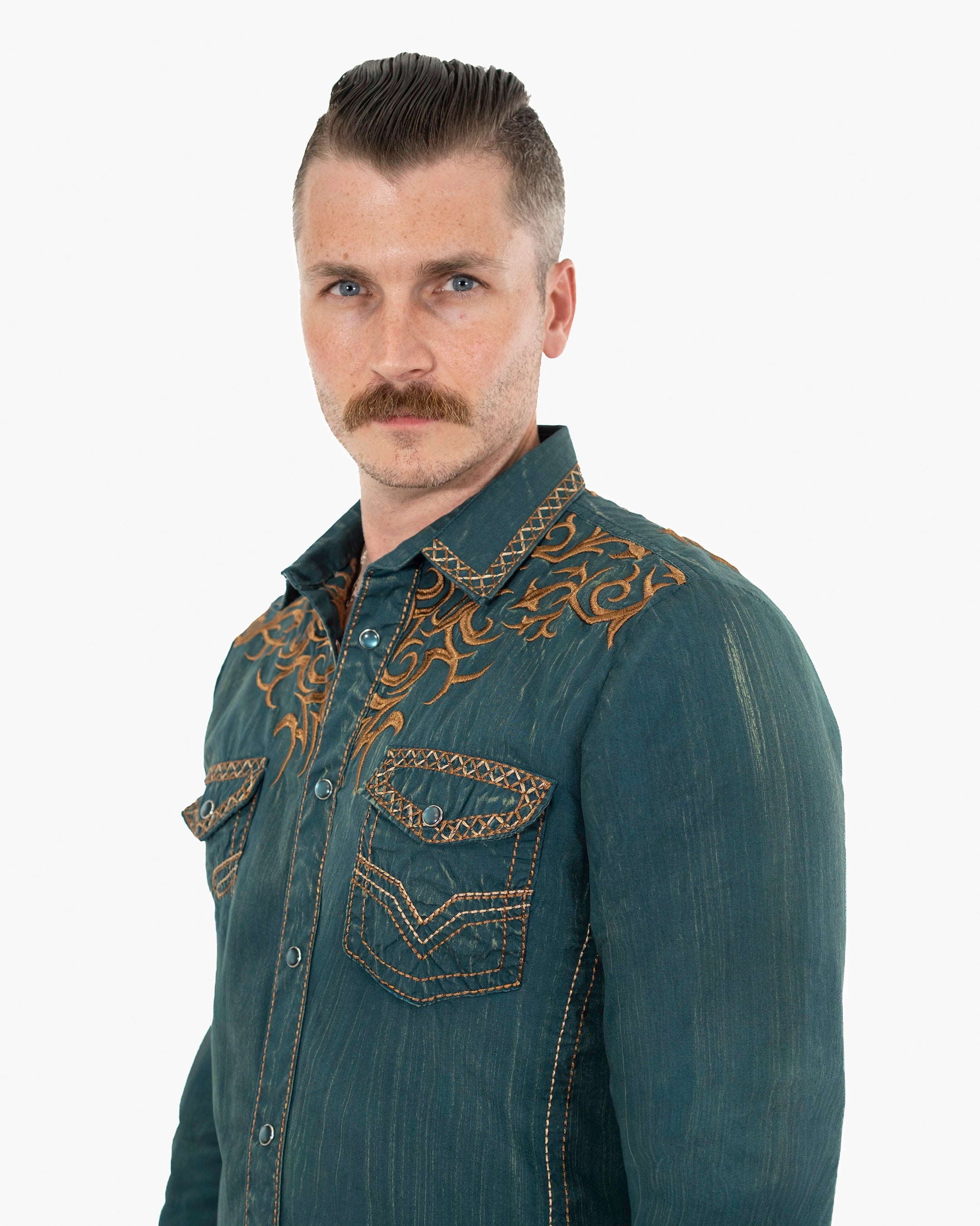 Teal Western Embroidered Modern-Fit Shirt