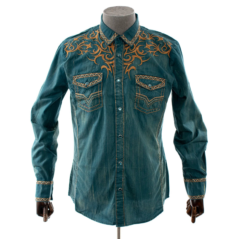 Men's Teal And Orange Western Style Cowboy Dress Shirt