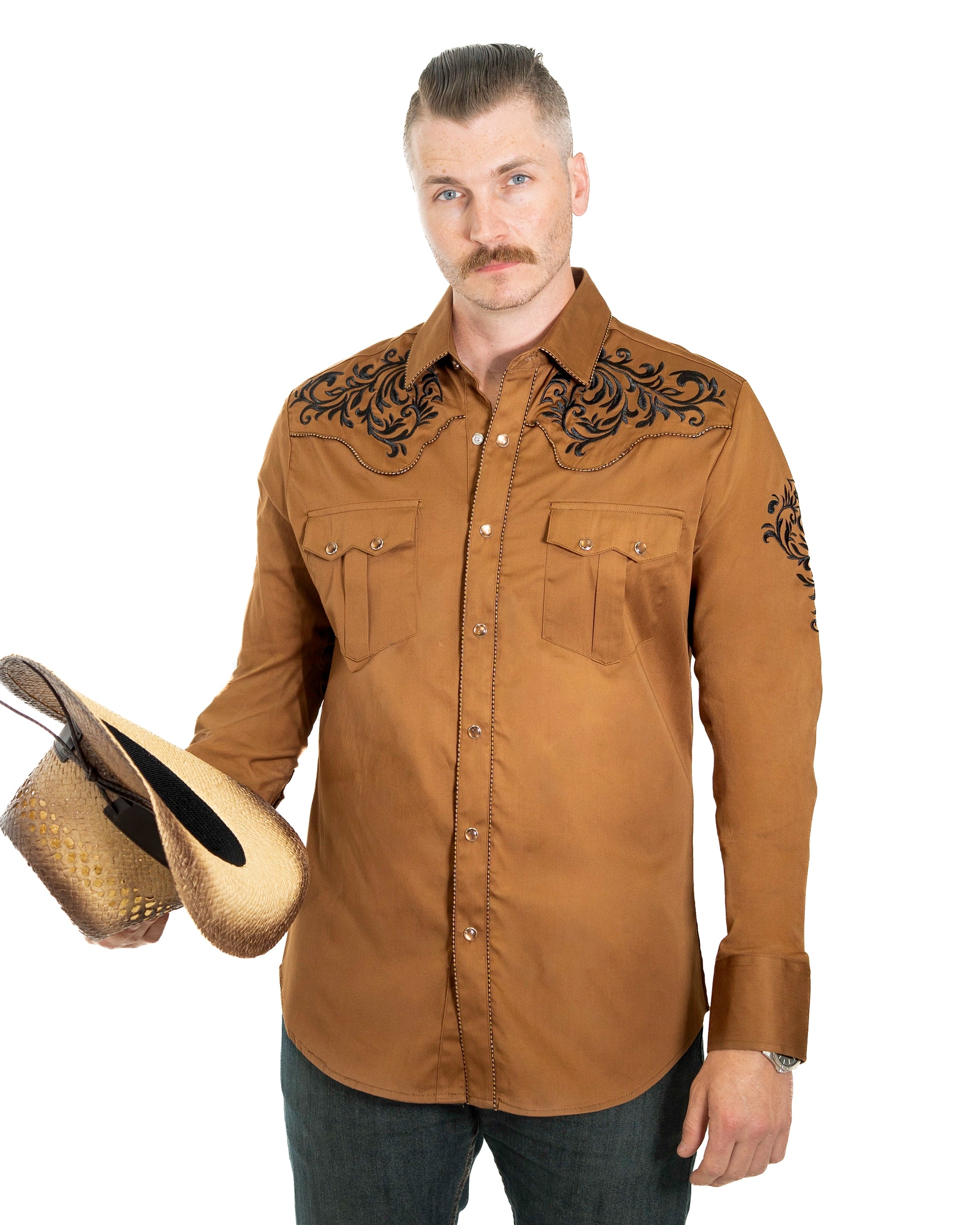 Camel Western Embroidered Long-Sleeve Shirt | Front | Dolce Vesta