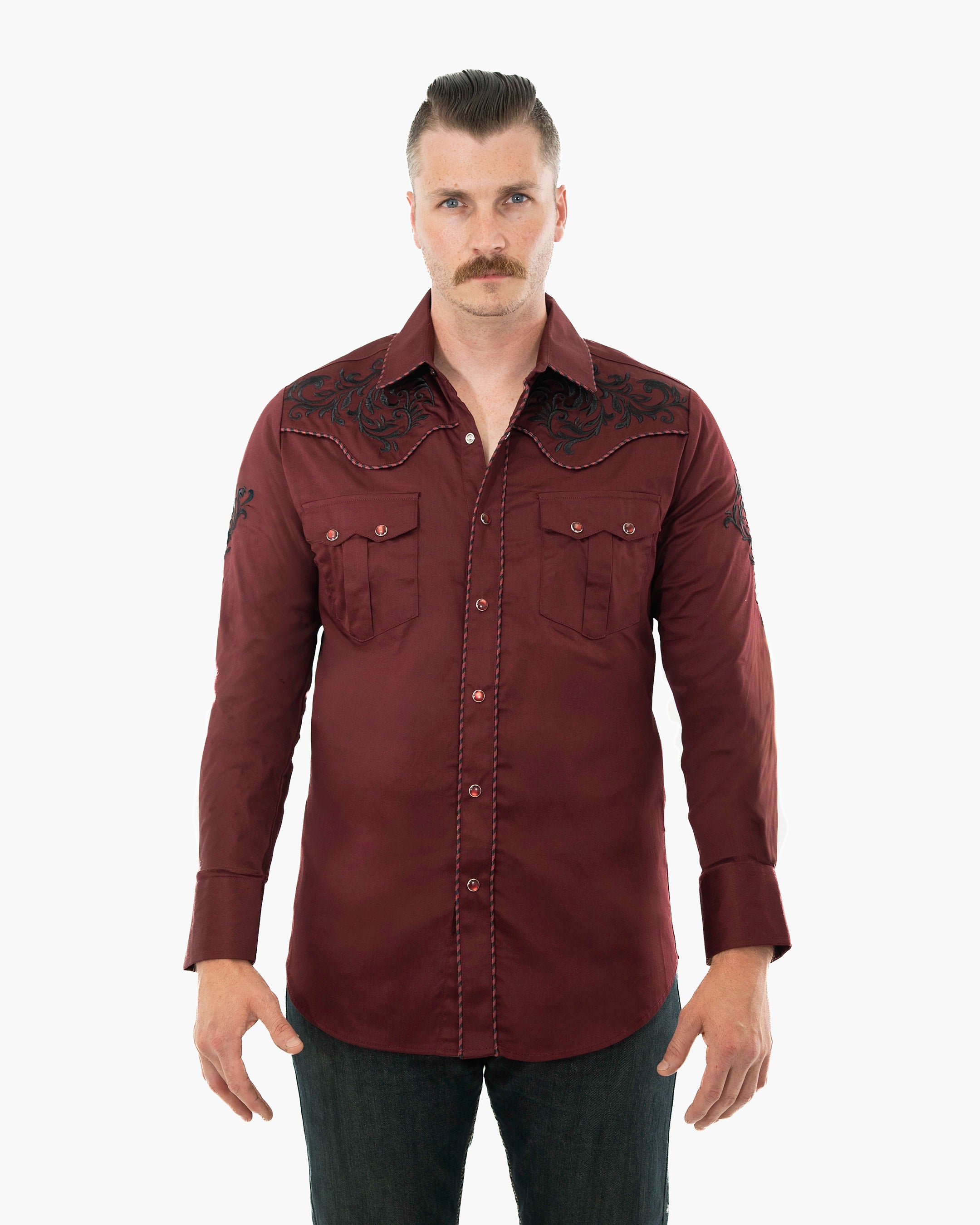 Burgundy Western Embroidered Modern-Fit Shirt