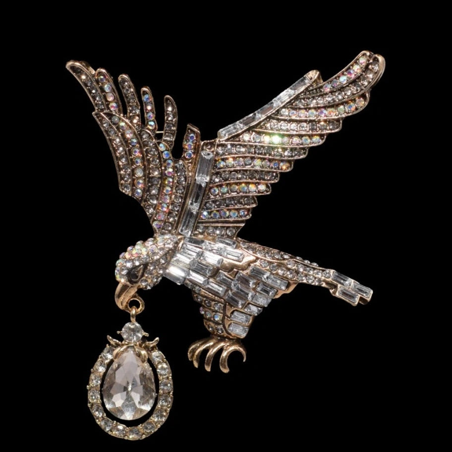 Eagle Crystal Brooch Lapel Pin With Dangling Gemstone