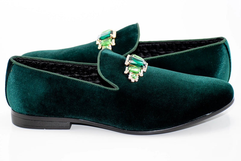 Green Velvet Jewel-Bit Smoking Loafer