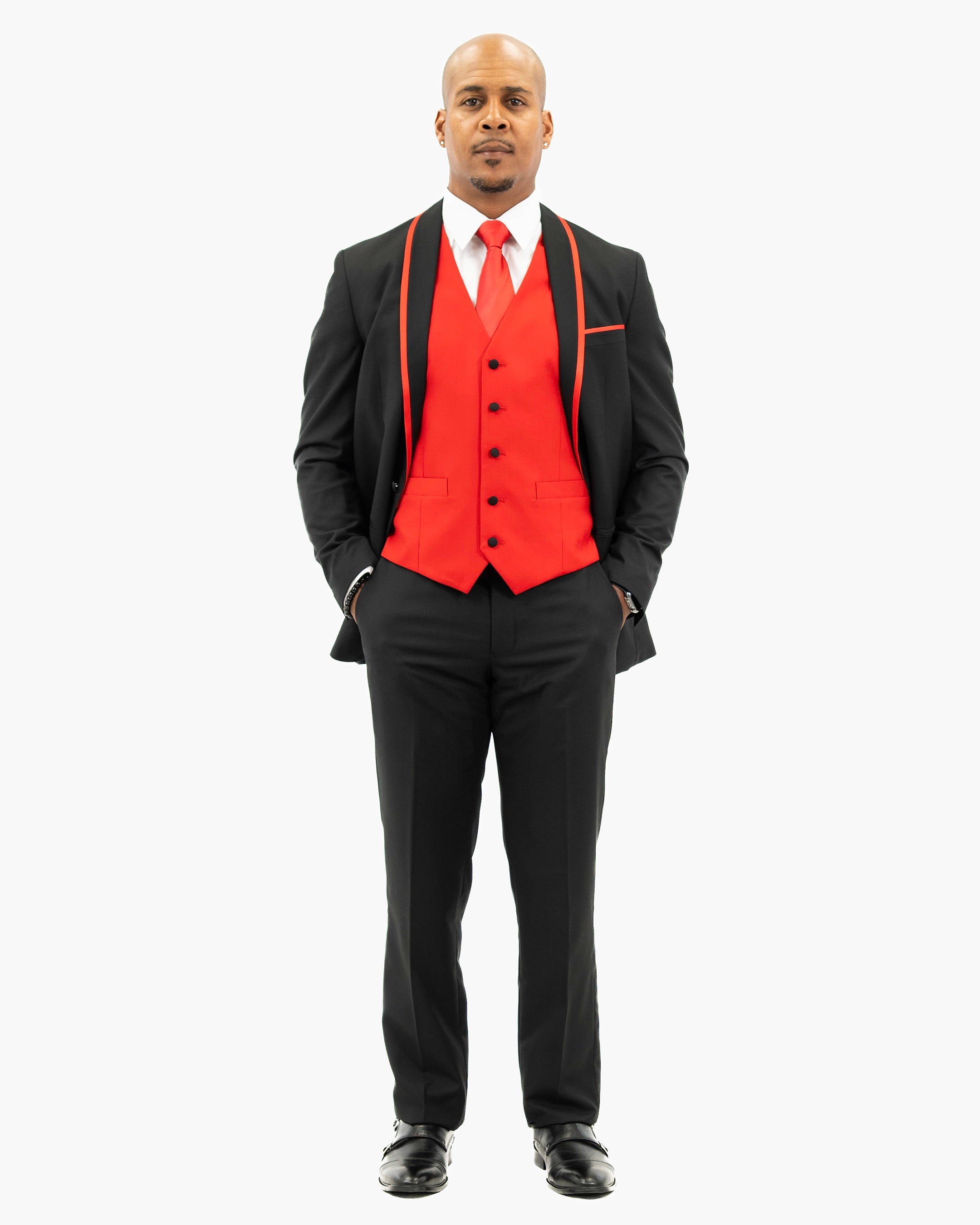 Black and Red Trim 3-Piece Tailored-Fit Tuxedo