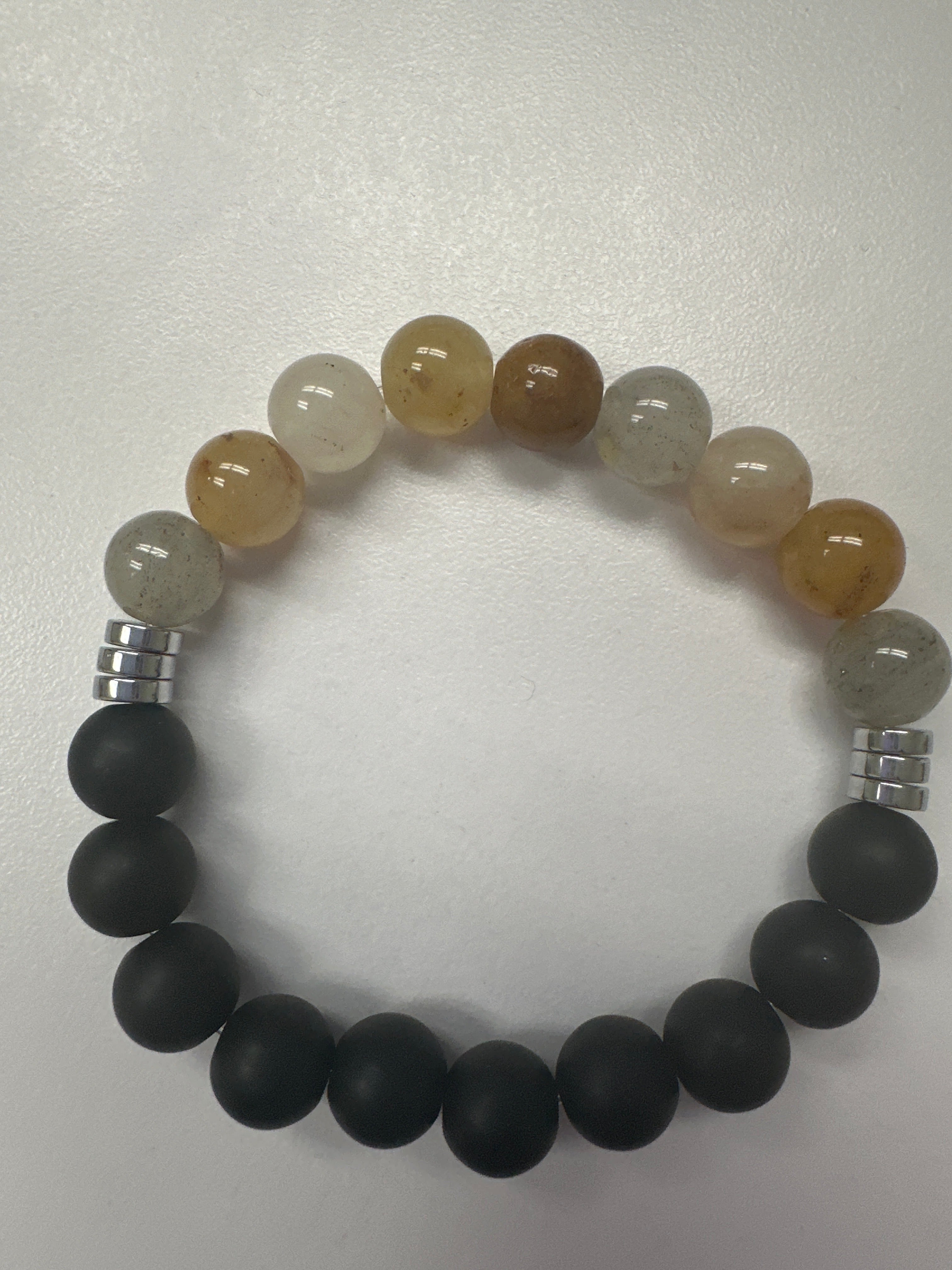 Gray & Tan & Camel Unisex Large Bead and Silver Metal Spacers Bracelet