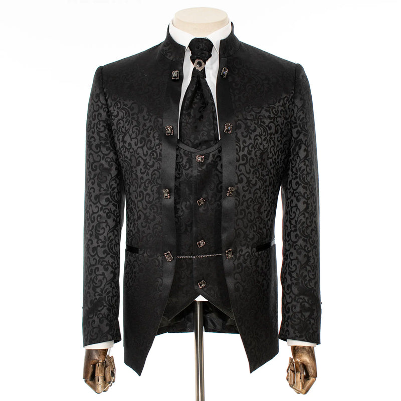 Black Filigree 3-Piece Slim-Fit Tuxedo with Banded Collar