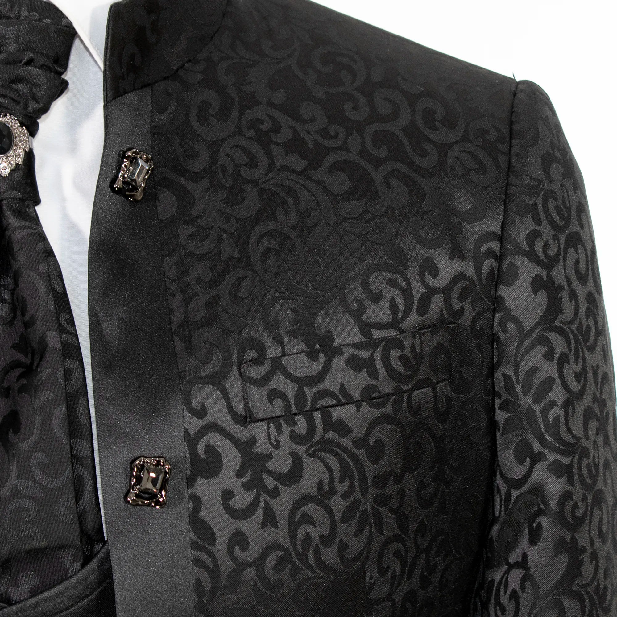 Black Filigree 3-Piece Slim-Fit Tuxedo with Banded Collar