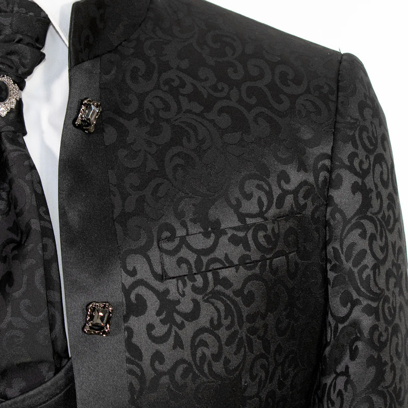 Black Filigree 3-Piece Slim-Fit Tuxedo with Banded Collar