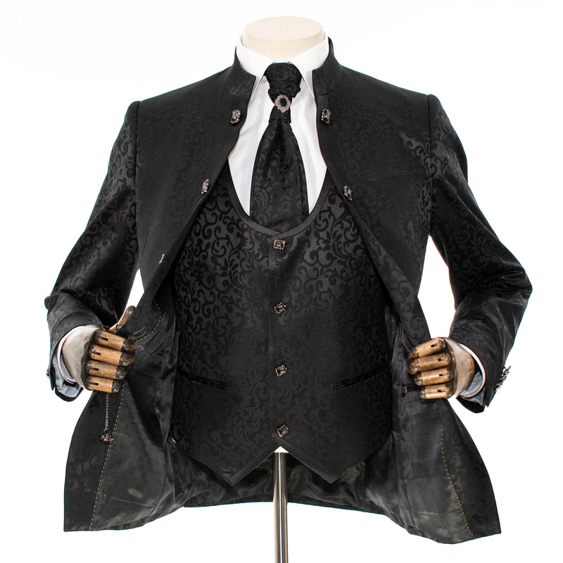Black Filigree 3-Piece Slim-Fit Tuxedo with Banded Collar